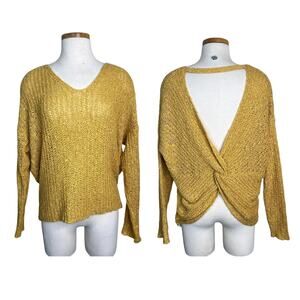 Altar'd State Cropped V-Neck Open Twist Back Sweater Goldenrod Yellow M/L